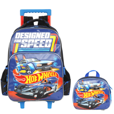 Kit Mochila Infantil Com Rodinhas + Lancheira Hotwheels Preta e Azul