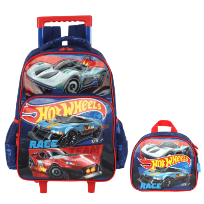 Kit Mochila Infantil Com Rodinhas + Lancheira Hotwheels Azul e Vermelha