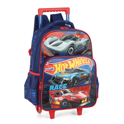 Kit Mochila Infantil Com Rodinhas + Lancheira Hotwheels Azul e Vermelha