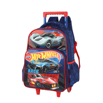 Kit Mochila Infantil Com Rodinhas + Lancheira Hotwheels Azul e Vermelha