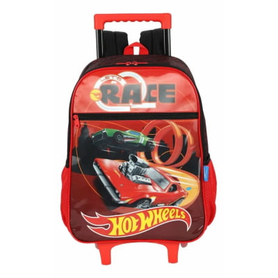 Kit Mochila Infantil Com Rodinhas + Lancheira Térmica do Hotwheels Race Preta e Vermelha