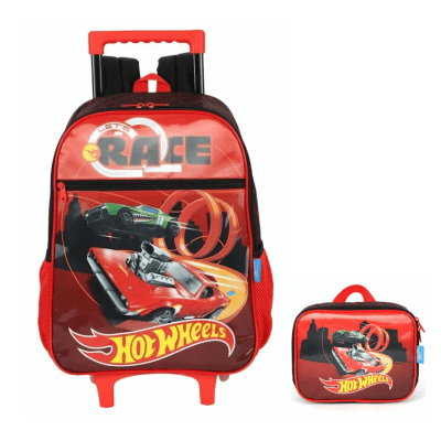 Kit Mochila Infantil Com Rodinhas + Lancheira Térmica do Hotwheels Race Preta e Vermelha Kit Mochila Infantil Com Rodinhas + Lancheira Térmica do Hotwheels Race Preta e Vermelha