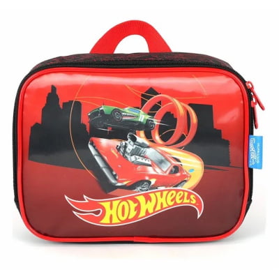 Kit Mochila Infantil Com Rodinhas + Lancheira Térmica do Hotwheels Race Preta e Vermelha