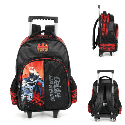 Kit Mochila Infantil Com Rodinhas  + Lancheira Térmica e Estojo Triplo do Batman Preta e Vermelha