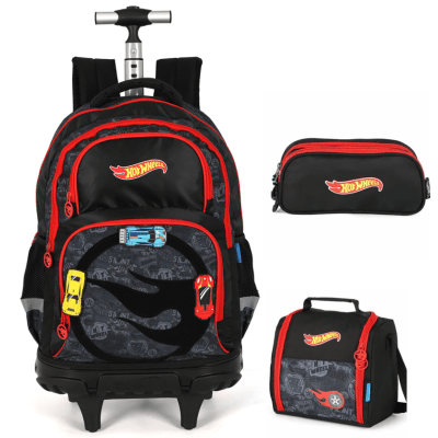 Kit Mochila Infantil Com Rodinhas + Lancheira Térmica e Estojo Triplo do Hotwheels Preto