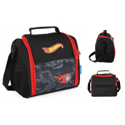 Kit Mochila Infantil Com Rodinhas + Lancheira Térmica e Estojo Triplo do Hotwheels Preto