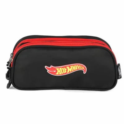 Kit Mochila Infantil Com Rodinhas + Lancheira Térmica e Estojo Triplo do Hotwheels Preto