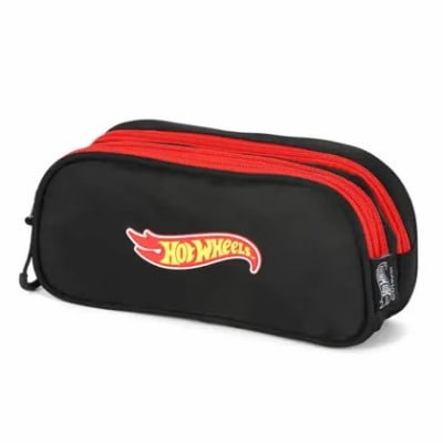 Kit Mochila Infantil Com Rodinhas + Lancheira Térmica e Estojo Triplo do Hotwheels Preto