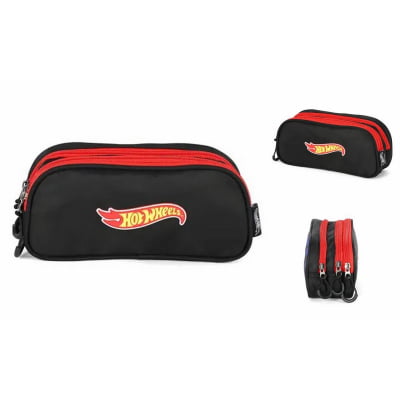 Kit Mochila Infantil Com Rodinhas + Lancheira Térmica e Estojo Triplo do Hotwheels Preto