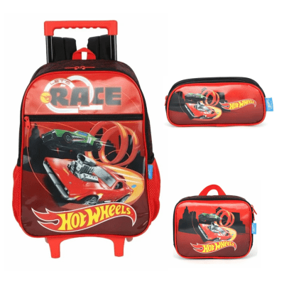 Kit Mochila Infantil Com Rodinhas + Lancheira Térmica + Estojo Simples do Hotwheels Race Preta e Vermelha Kit Mochila Infantil Com Rodinhas + Lancheira Térmica + Estojo Simples do Hotwheels Race Preta e Vermelha