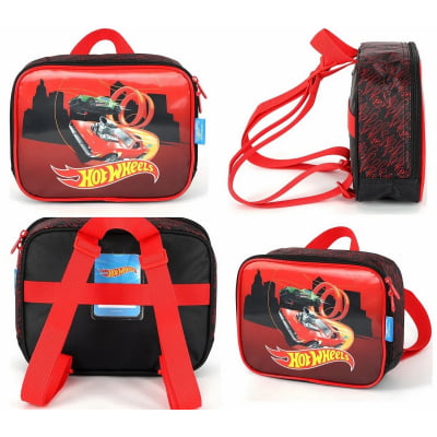 Kit Mochila Infantil Com Rodinhas + Lancheira Térmica + Estojo Simples do Hotwheels Race Preta e Vermelha