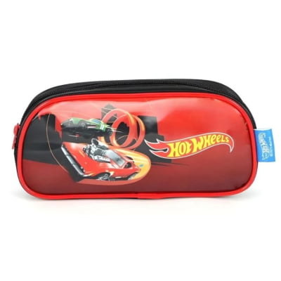 Kit Mochila Infantil Com Rodinhas + Lancheira Térmica + Estojo Simples do Hotwheels Race Preta e Vermelha