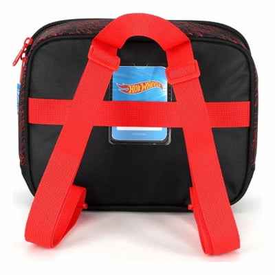 Kit Mochila Infantil Com Rodinhas + Lancheira Térmica + Estojo Simples do Hotwheels Race Preta e Vermelha
