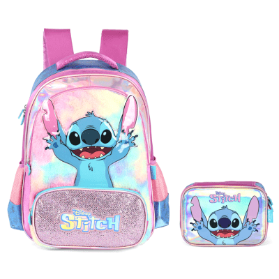 Kit Mochila Infantil Costas + Estojo Box da Lilo Stitch e Angel Roxa