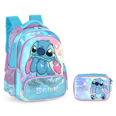 Kit Mochila Infantil Costas + Estojo Box da Lilo Stitch e Angel Azul
