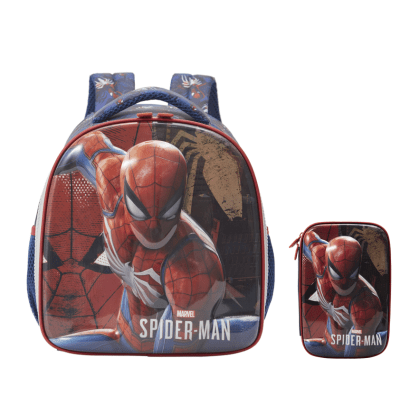 Kit Mochila Lancheira Infantil + Estojo Box Homem Aranha 3D Azul e Vermelha