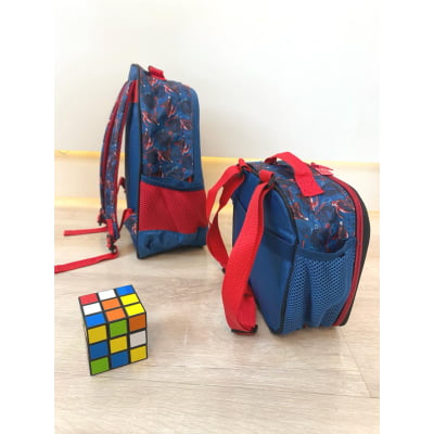 Kit Mochila Infantil + Lancheira Térmica Azul e Vermelha