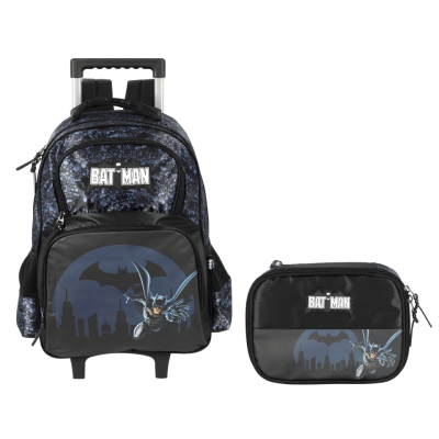 Kit Mochila Infantil Rodinhas Batman + Estojo Preta e Azul