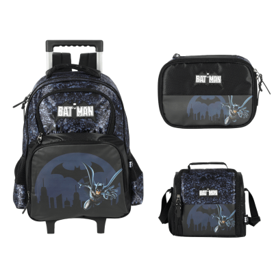 Kit Mochila Infantil Rodinhas Batman + Lancheira + Estojo Preta e Azul