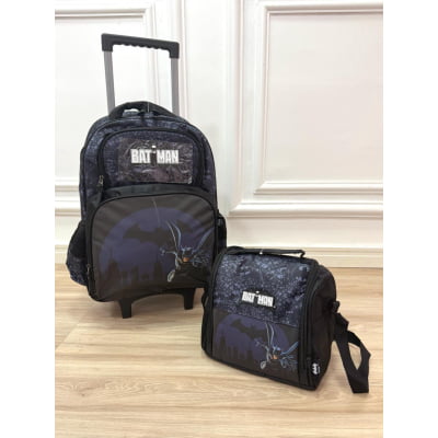 Kit Mochila Infantil Rodinhas Batman + Lancheira Preta e Azul