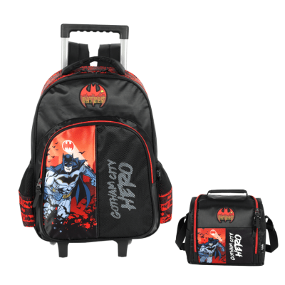 Kit Mochila Infantil Rodinhas Batman + Lancheira Preta e Vermelha