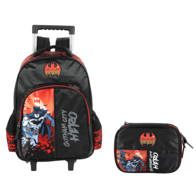 Kit Mochila Infantil Rodinhas + Estojo Batman Preta e Vermelha
