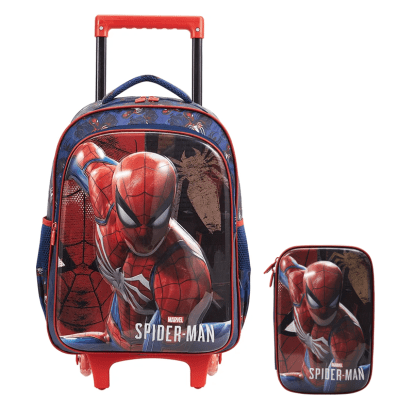 Kit Mochila Infantil Rodinhas + Estojo Box Homem Aranha 3D Azul e Vermelha