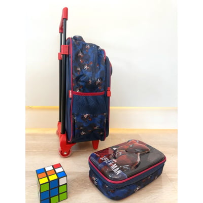 Kit Mochila Infantil Rodinhas + Estojo Box Homem Aranha 3D Azul e Vermelha