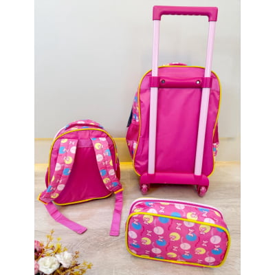 Kit Mochila Infantil Rodinhas + Estojo Box + Lancheira Minnie Rosa Colorida