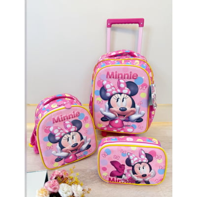 Kit Mochila Infantil Rodinhas + Estojo Box + Lancheira Minnie Rosa Colorida