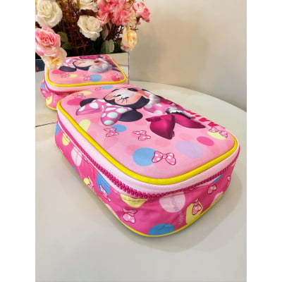 Kit Mochila Infantil Rodinhas + Estojo Box + Lancheira Minnie Rosa Colorida
