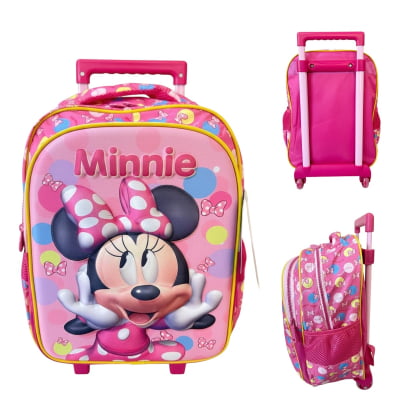 Kit Mochila Infantil Rodinhas + Estojo Box + Lancheira Minnie Rosa Colorida