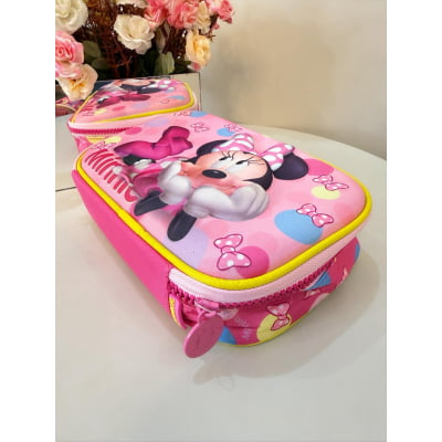 Kit Mochila Infantil Rodinhas + Estojo Box + Lancheira Minnie Rosa Colorida