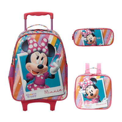 Kit Mochila Infantil Rodinhas + Estojo Duplo + Lancheira Minnie