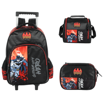 Kit Mochila Infantil Rodinhas + Estojo + Lancheira Batman Preta e Vermelha