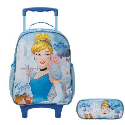 Kit Mochila Infantil Rodinhas + Estojo simples da Princesa Disney Cinderela Azul