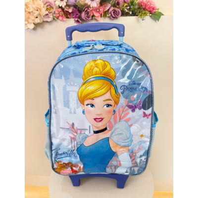Kit Mochila Infantil Rodinhas + Estojo simples da Princesa Disney Cinderela Azul