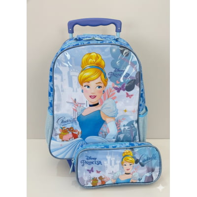 Kit Mochila Infantil Rodinhas + Estojo simples da Princesa Disney Cinderela Azul Kit Mochila Infantil Rodinhas + Estojo simples da Princesa Disney Cinderela Azul