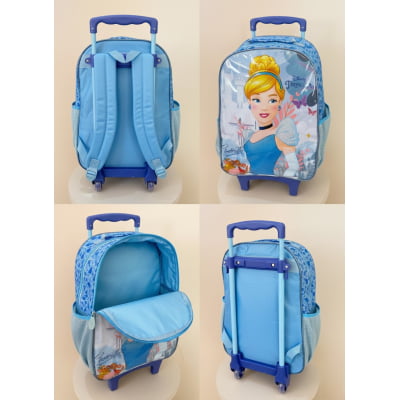 Kit Mochila Infantil Rodinhas + Estojo simples da Princesa Disney Cinderela Azul
