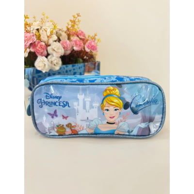 Kit Mochila Infantil Rodinhas + Estojo simples da Princesa Disney Cinderela Azul