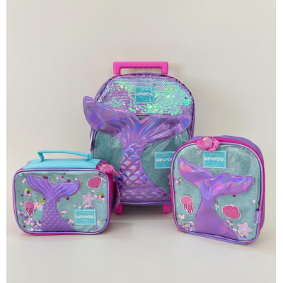 Kit Mochila Infantil Rodinhas + Lancheira Térmica + Estojo Box da Sereia C/ Paetê