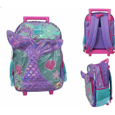 Kit Mochila Infantil Rodinhas + Lancheira Térmica + Estojo Box da Sereia C/ Paetê