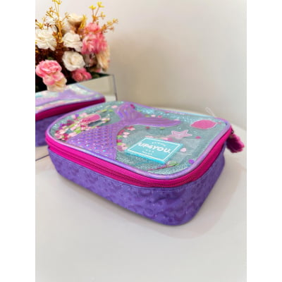 Kit Mochila Infantil Rodinhas + Lancheira Térmica + Estojo Box da Sereia C/ Paetê