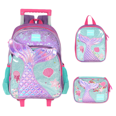 Kit Mochila Infantil Rodinhas + Lancheira + Estojo Roxo Sereia Up4you