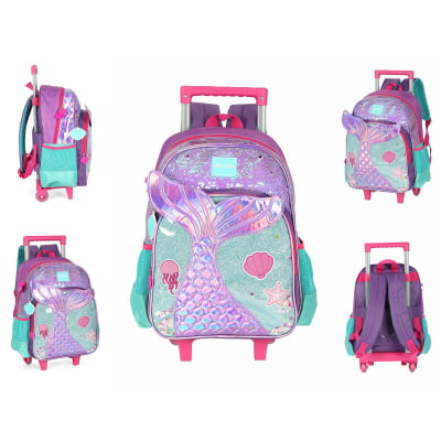Kit Mochila Infantil Rodinhas + Lancheira Térmica +Estojo Triplo Roxo Sereia C/ Paetê