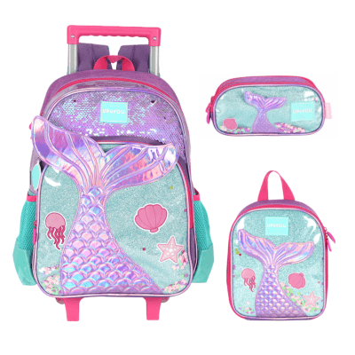Kit Mochila Infantil Rodinhas + Lancheira Térmica +Estojo Triplo Roxo Sereia C/ Paetê