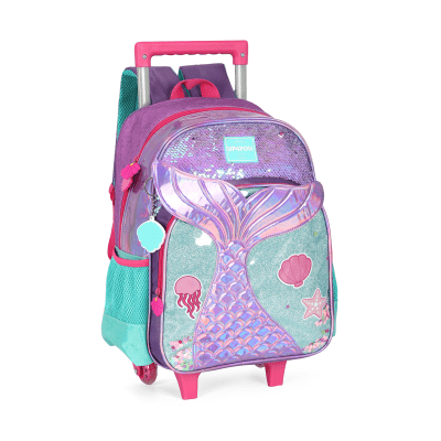 Kit Mochila Infantil Rodinhas + Lancheira Térmica +Estojo Triplo Roxo Sereia C/ Paetê