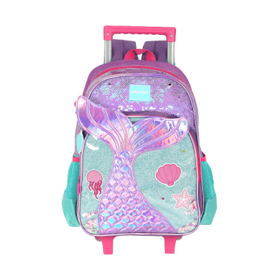 Kit Mochila Infantil Rodinhas + Lancheira Térmica +Estojo Triplo Roxo Sereia C/ Paetê