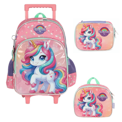 Kit Mochila Infantil Rodinhas + Lancheira Térmica + Estojo Box Unicórnio Colorida Up4you Kit Mochila Infantil Rodinhas + Lancheira Térmica + Estojo Box Unicórnio Colorida Up4you
