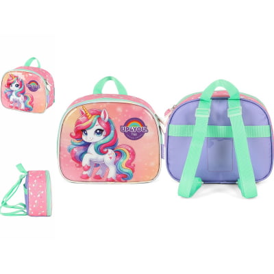Kit Mochila Infantil Rodinhas + Lancheira Térmica + Estojo Box Unicórnio Colorida Up4you